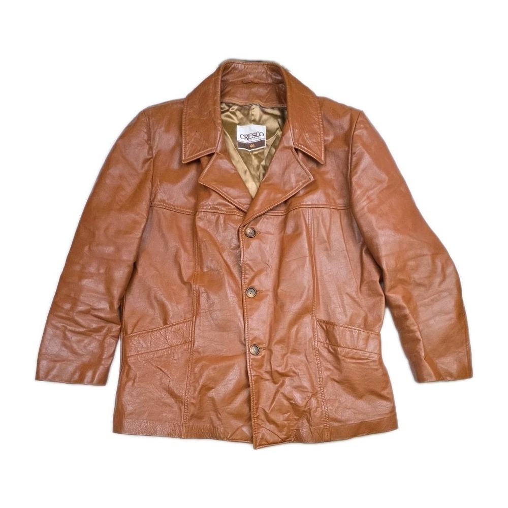Vtg 1970s Cresco Men Brown Tan Leather Jacket 46 Workwear Western Cowboy Starsky